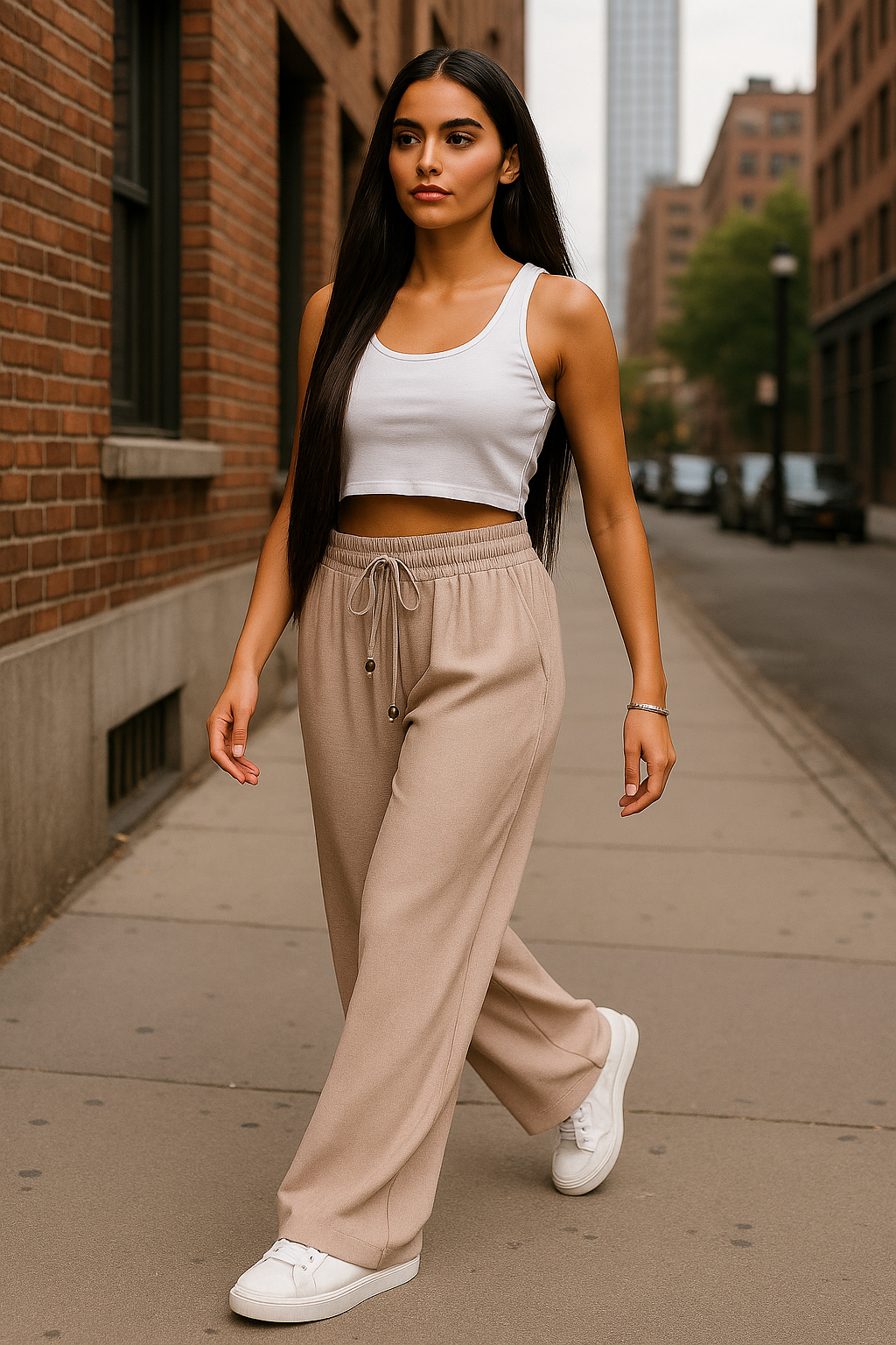 Pantaloni largi cu elastic in talie Ella bej