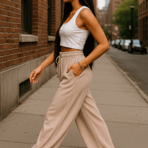 Pantaloni largi cu elastic in talie Ella bej