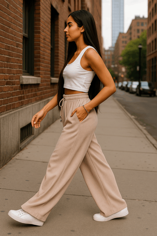 Pantaloni largi cu elastic in talie Ella bej