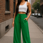 Pantaloni largi cu elastic in talie Ella verde