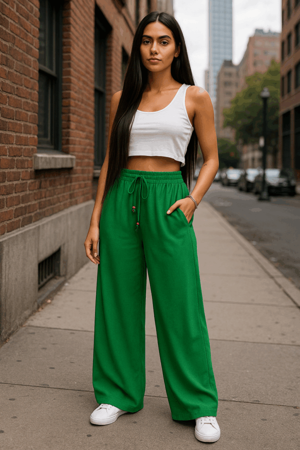 Pantaloni largi cu elastic in talie Ella verde