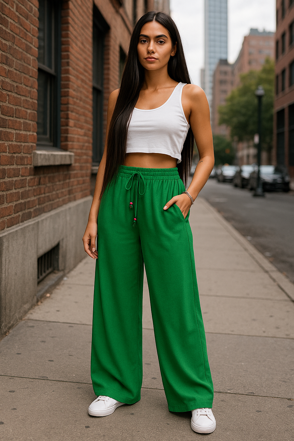 Pantaloni largi cu elastic in talie Ella verde