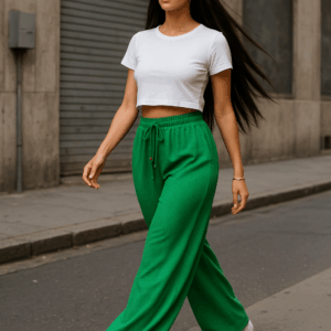 Pantaloni largi cu elastic in talie Ella verde