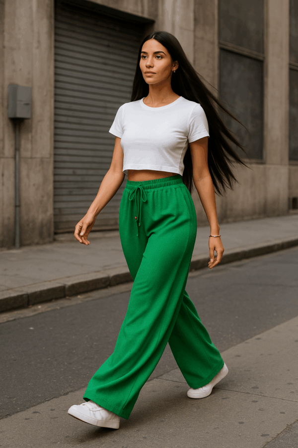Pantaloni largi cu elastic in talie Ella verde