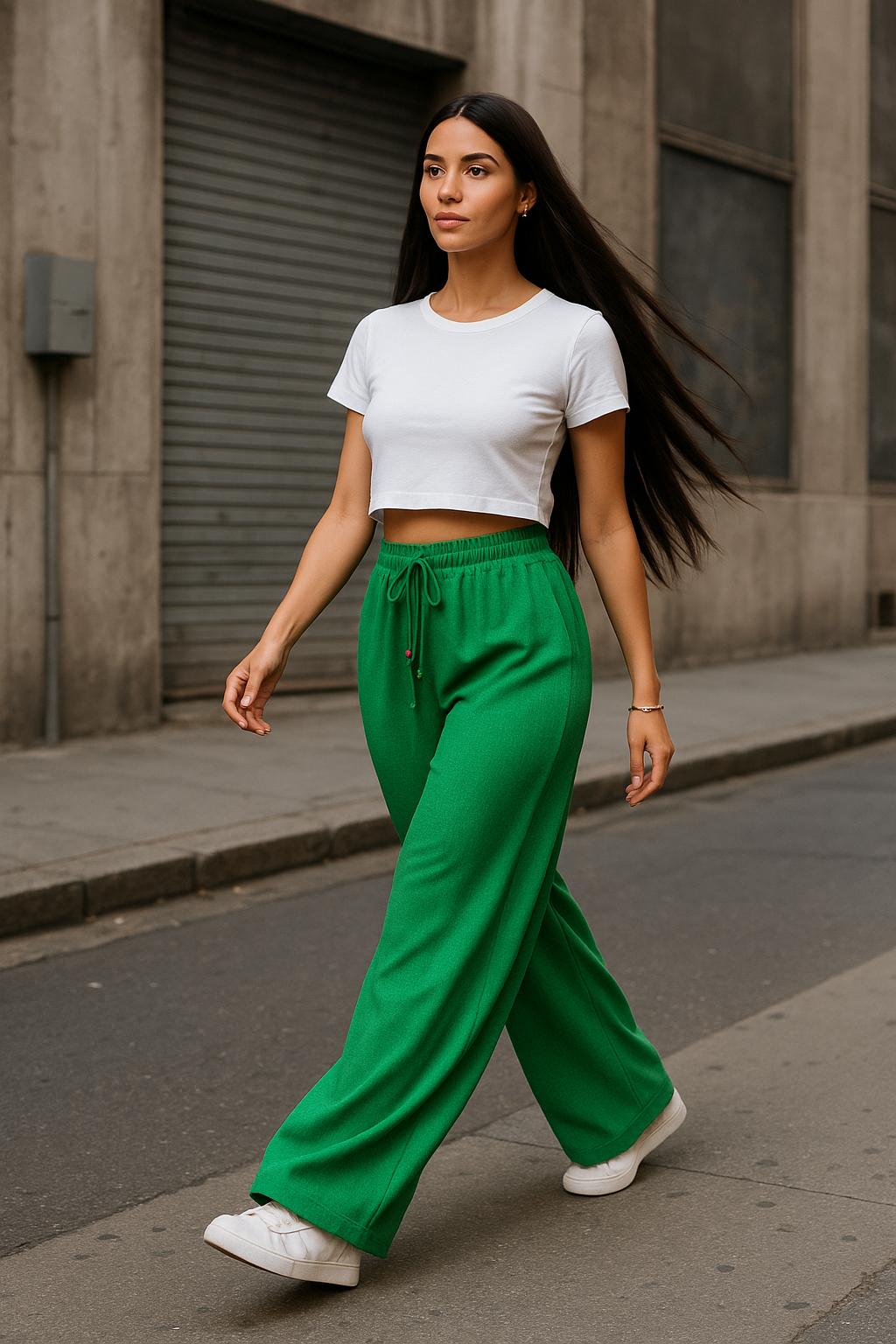 Pantaloni largi cu elastic in talie Ella verde