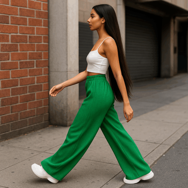 Pantaloni largi cu elastic in talie Ella verde