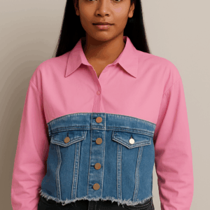 Camasa dama crop cu insertie denim roz