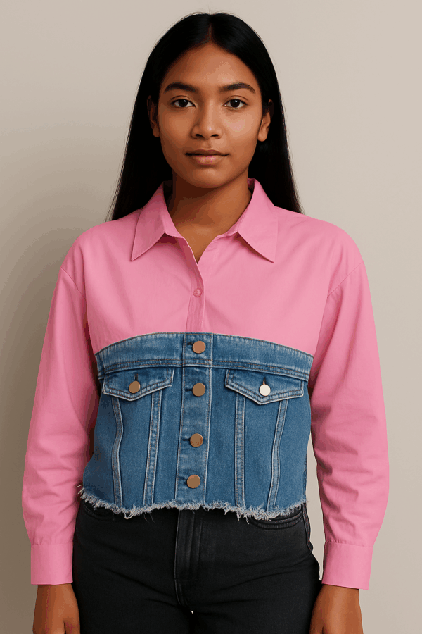 Camasa dama crop cu insertie denim roz