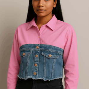 Camasa dama crop cu insertie denim roz