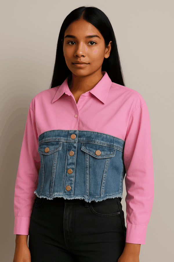 Camasa dama crop cu insertie denim roz