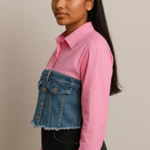 Camasa dama crop cu insertie denim roz