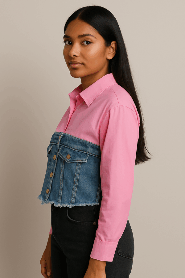 Camasa dama crop cu insertie denim roz