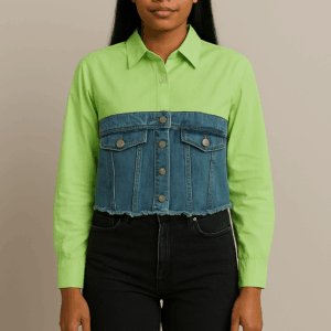 Camasa dama crop cu insertie denim verde