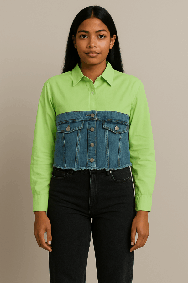 Camasa dama crop cu insertie denim verde