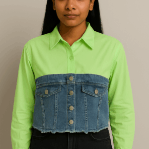 Camasa dama crop cu insertie denim verde