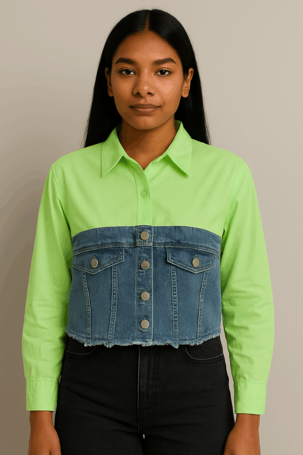Camasa dama crop cu insertie denim verde