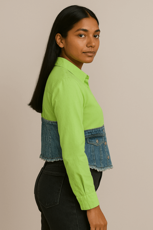 Camasa dama crop cu insertie denim verde