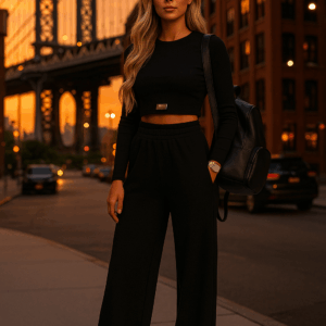 Compleu dama cu pantaloni evazati negru