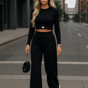 Compleu dama cu pantaloni evazati negru