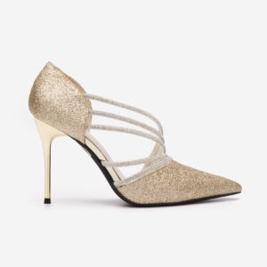 Pantofi stiletto eleganti cu barete sclipici auriu