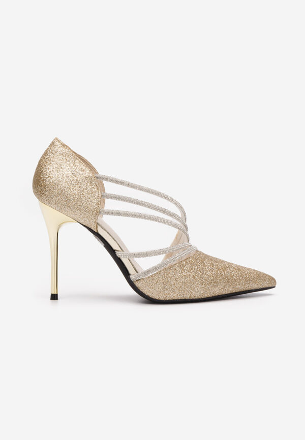 Pantofi stiletto eleganti cu barete sclipici auriu