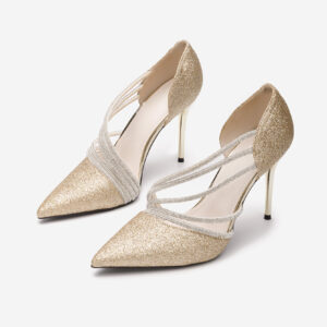 Pantofi stiletto eleganti cu barete sclipici auriu