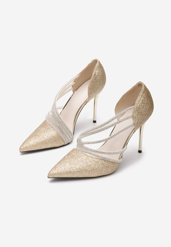 Pantofi stiletto eleganti cu barete sclipici auriu