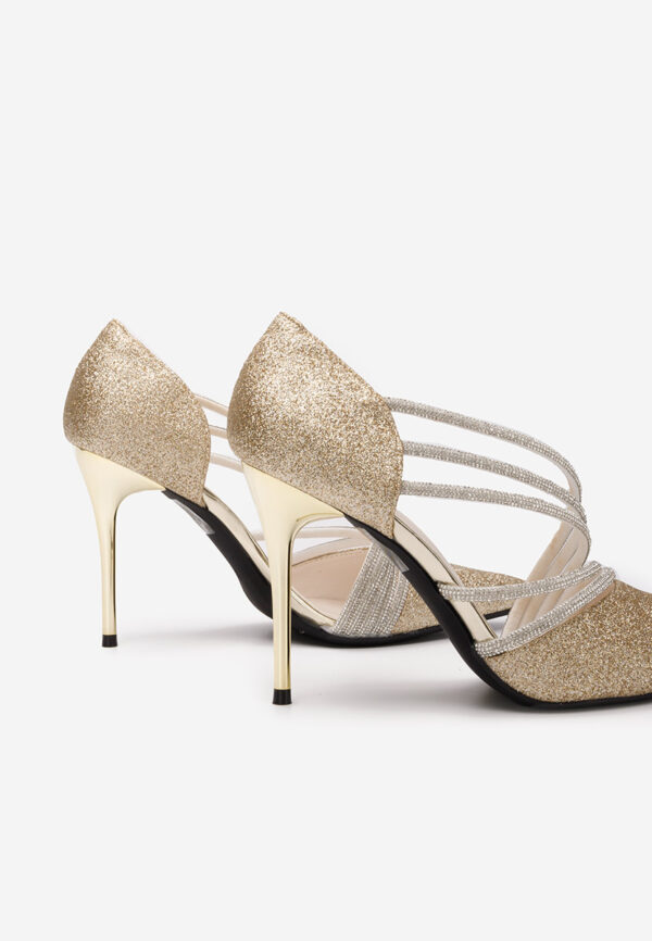 Pantofi stiletto eleganti cu barete sclipici auriu