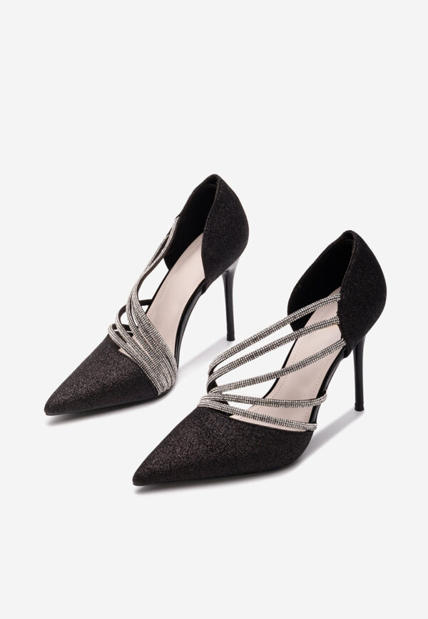 Pantofi stiletto eleganti cu barete sclipici negru