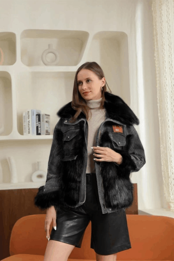 Geaca dama lunga denim cu blanita Penny negru