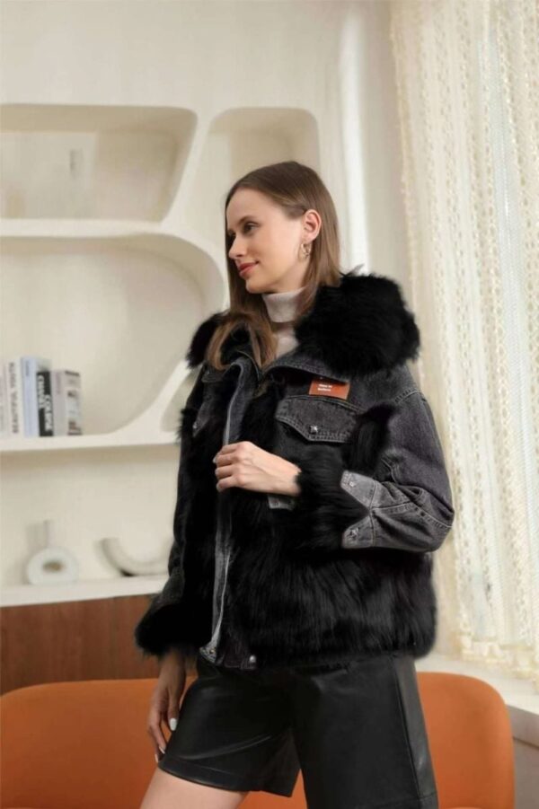 Geaca dama lunga denim cu blanita Penny negru