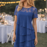 Rochie elegantă cu dantelă și volane – albastru regal
