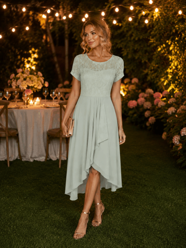 Rochie elegantă asimetrică cu dantelă verde menta