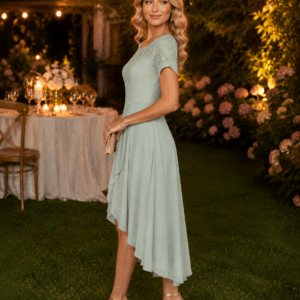 Rochie elegantă asimetrică cu dantelă verde menta