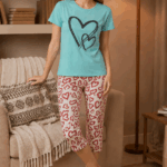 Pijama dama bumbac cu pantaloni 3/4 Hearts albastru turcoaz