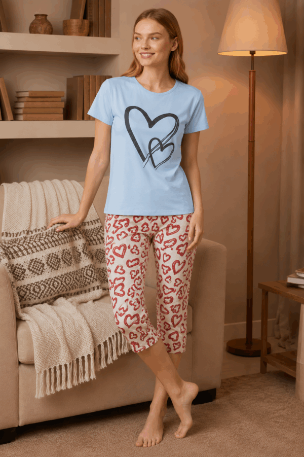 Pijama dama bumbac cu pantaloni 3/4 Hearts albastru turcoaz