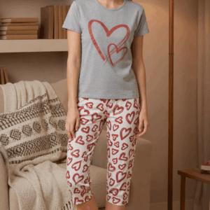 Pijama dama bumbac cu pantaloni 3/4 Hearts gri