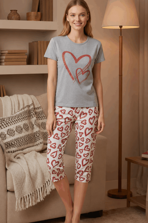 Pijama dama bumbac cu pantaloni 3/4 Hearts gri