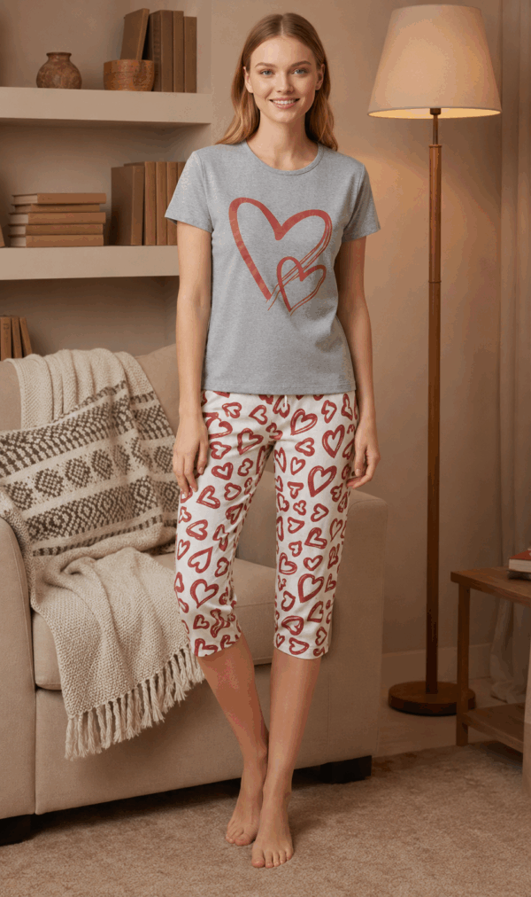 Pijama dama bumbac cu pantaloni 3/4 Hearts gri