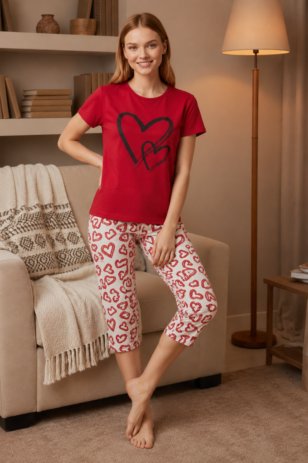 Pijama dama bumbac cu pantaloni 3/4 Hearts rosu
