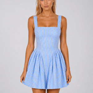 Rochie dama cu imprimeu vichy si decolteu patrat