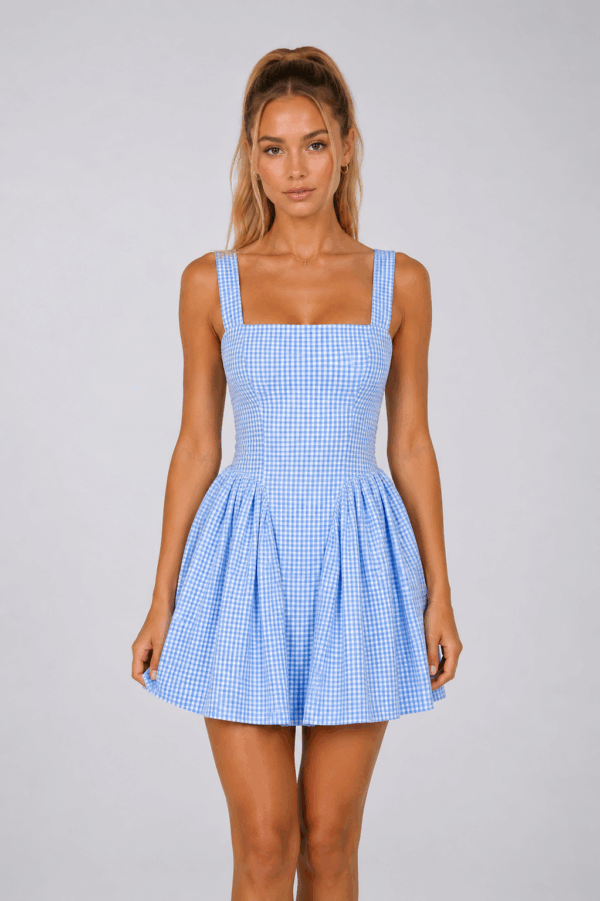 Rochie dama cu imprimeu vichy si decolteu patrat