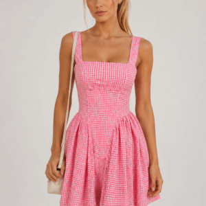 Rochie dama cu imprimeu vichy si decolteu patrat
