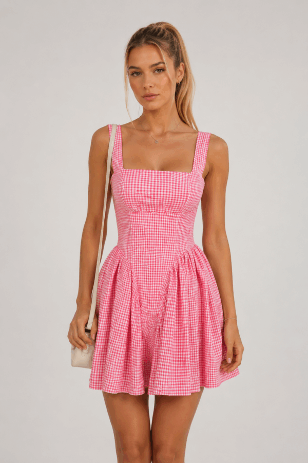 Rochie dama cu imprimeu vichy si decolteu patrat