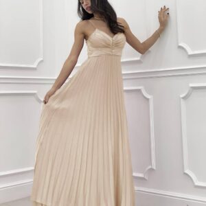 Rochie maxi plisată satinată cu spate decupat și fundă reglabilă Stacy